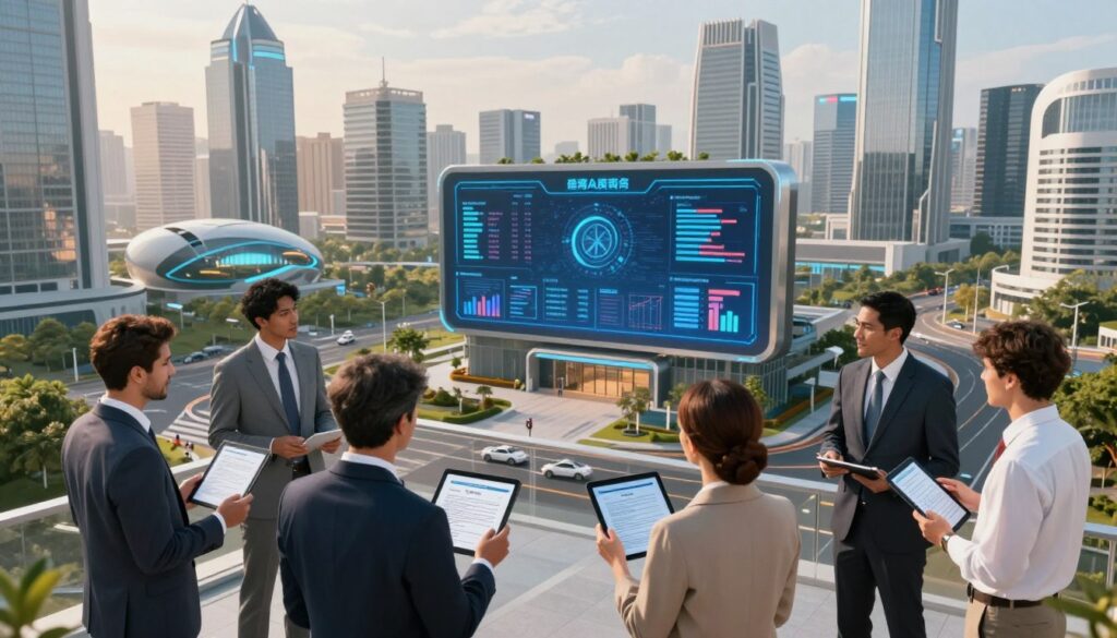 A futuristic cityscape showcasing the intersection of health policy and technology. In the foreground, a diverse group of professionals in business attire is engaged in discussion, holding digital tablets displaying health data and legislative documents. The middle ground reveals a modern building with a digital health dashboard, featuring interactive screens that show real-time health statistics and policy updates. The background depicts a skyline of advanced healthcare technology facilities, subtly integrated with nature, symbolizing harmony between tech and health. The scene is illuminated by soft, warm lighting, creating an optimistic and innovative atmosphere, viewed from a slightly elevated angle to give a comprehensive perspective. The colors are vibrant, emphasizing a sense of progress and collaboration in health legislation.