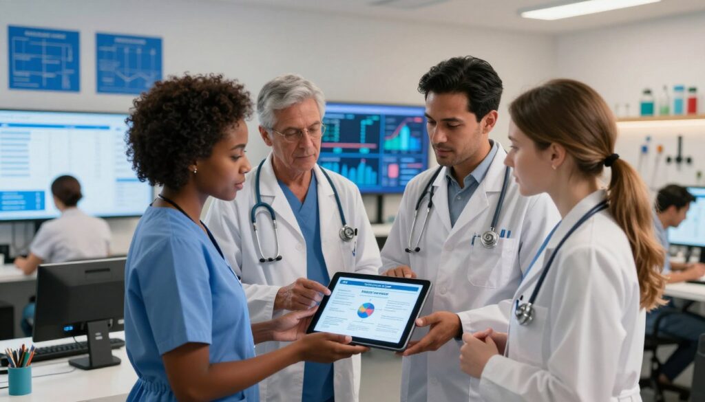 A modern public health system workspace featuring diverse healthcare professionals discussing emergency preparedness strategies. In the foreground, a group of three individuals in professional attire (a Black woman, a Hispanic man, and a Caucasian woman) stand around a digital tablet displaying an emergency response plan. The middle ground includes large screens showing data analytics and infographics related to public health. In the background, a clean, well-organized office space with blueprints and medical gear on the walls represents preparedness and planning. Soft, warm lighting creates an inviting atmosphere while dynamic angles emphasize collaboration. The overall mood is focused and proactive, illustrating teamwork in enhancing public health systems.